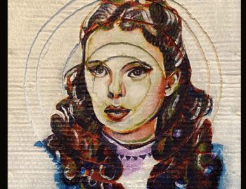 A colorful portrait of a woman with wavy, dark hair and a headband on textured canvas. Titled "Fading Judy," it is an acrylic and cardboard artwork by Richard Kightlinger, 20” x 16”, created in 2024.